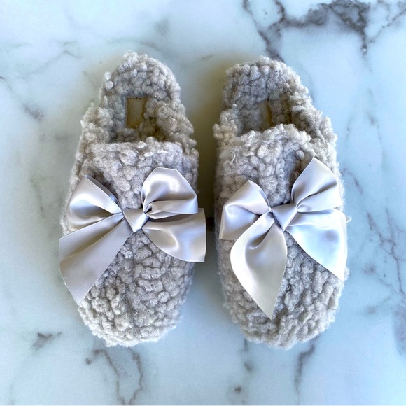 UGG Shoes - UGG Cozy Silver Grey Fuzzy Sherpa Satin Bow Slip On Slippers